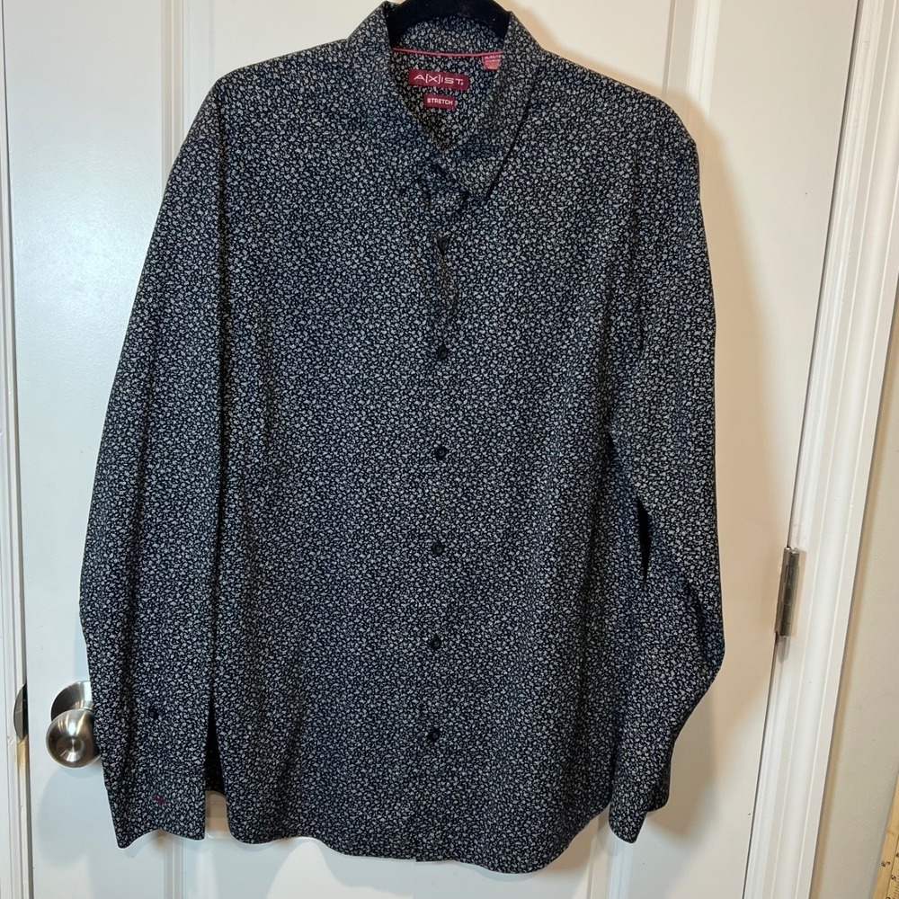 AXIST‎ Mens Long Sleeve Button Up Shirt Black White Floral Print Stretch XL